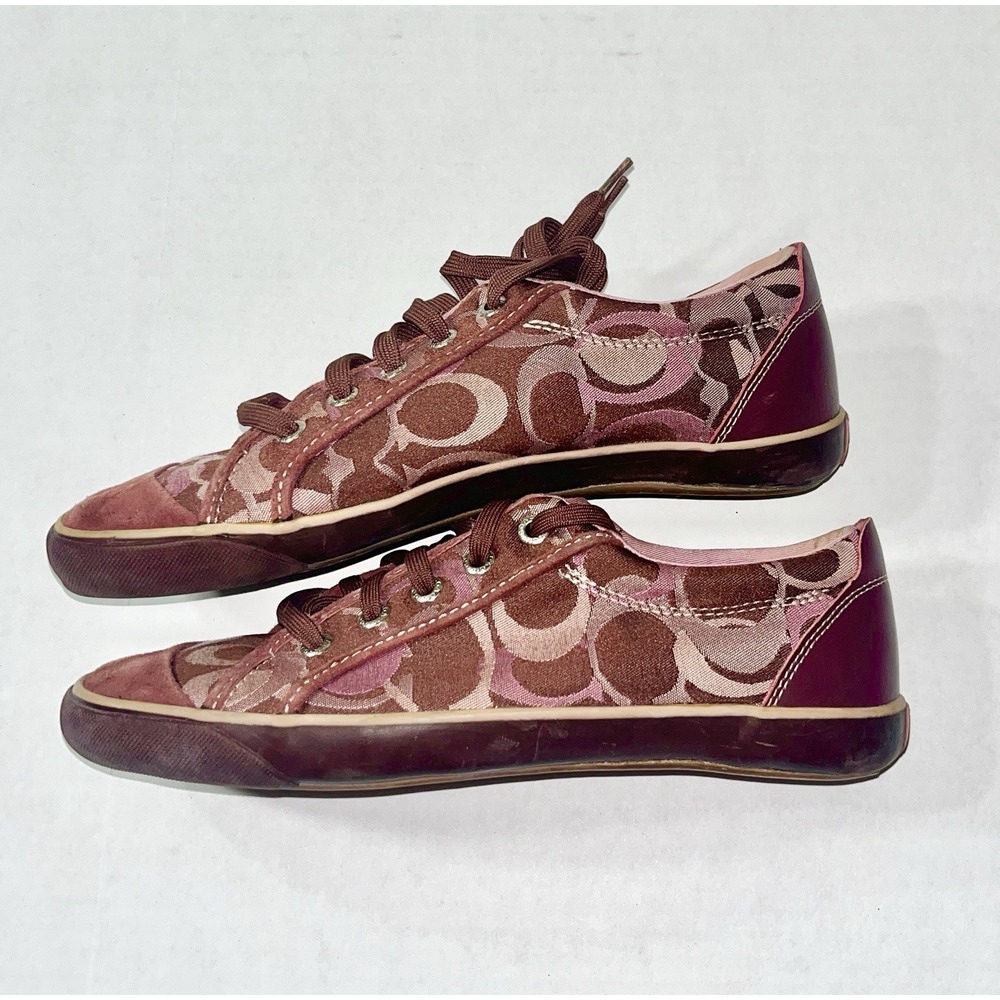 Coach Barrett Sneakers Women's 8 Maroon Canvas Monogram Logo Quiet Luxury